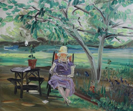 Early 20th century German School Woman seated in a garden 20 x 24in.